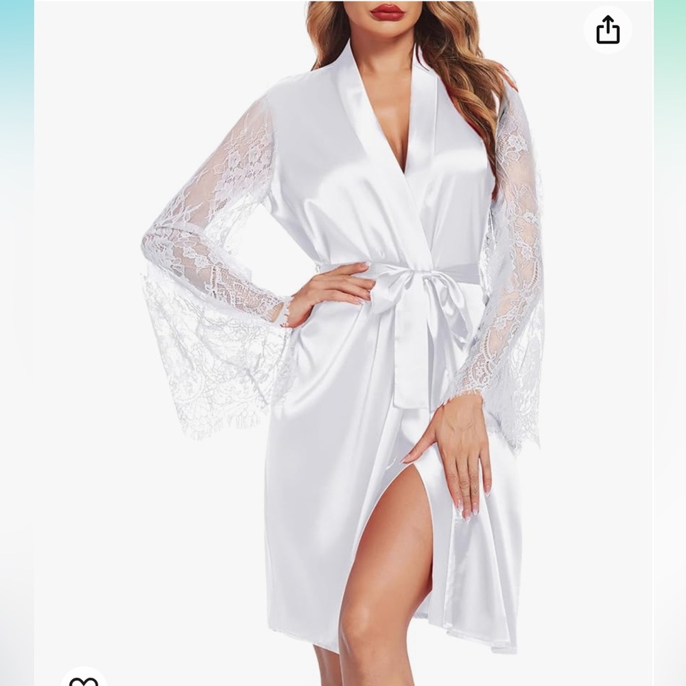 Women's satin kimono white robe / wedding lace robe